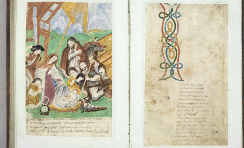 Photographie de deux pages d'un recueil de Daniel Le Balleur "Recueil de Noël". On y voit une illustration de la naissance de l'enfant Jésus. 